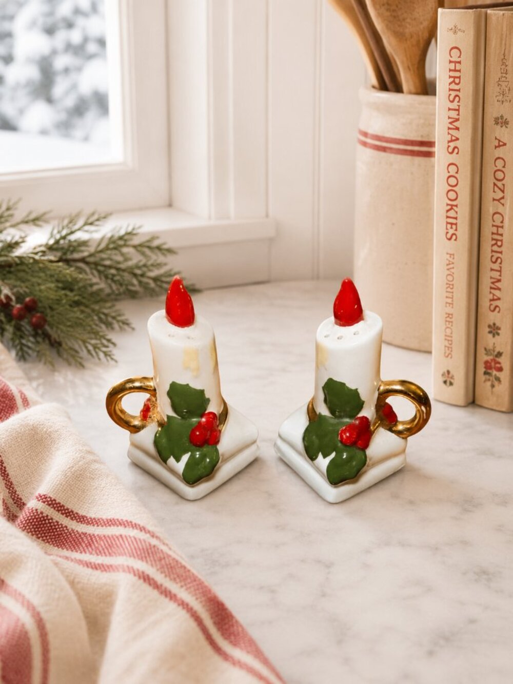 Vintage Christmas Candle Salt & Pepper Shakers Holly Berries Ceramic 4"